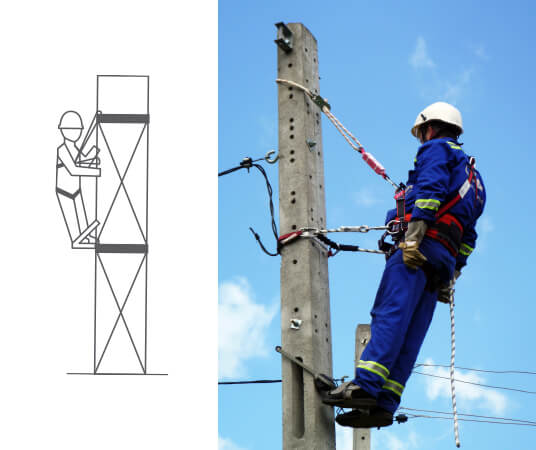 Trained competent rope access person working at heights wearing a fall  safety body harness back glove hand protection clipping hook into steel  structure as fall arrest fall restraint system Stock Photo